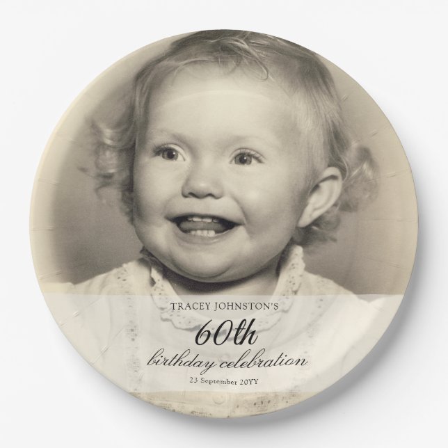 Plato De Papel Minimalist Photo 60th Birthday (Anverso)