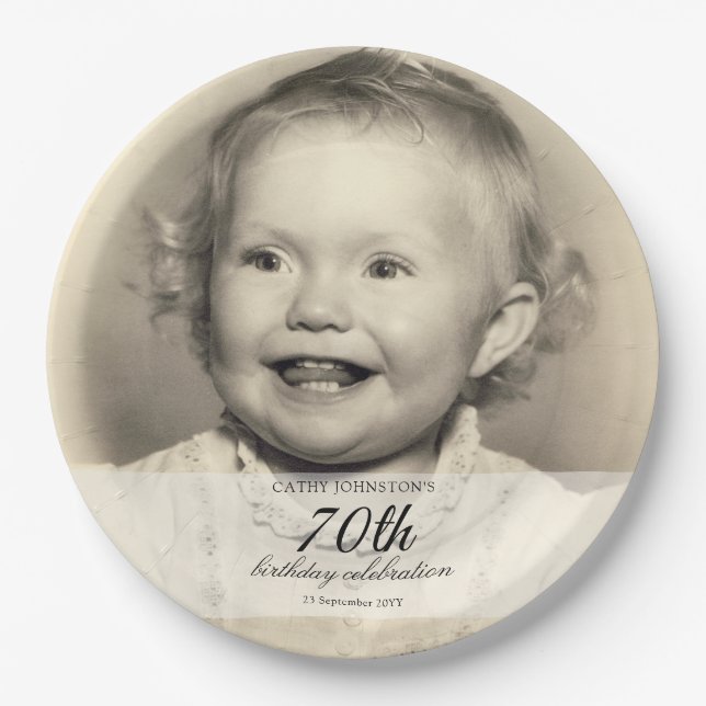 Plato De Papel Minimalist Photo 70th Birthday (Anverso)