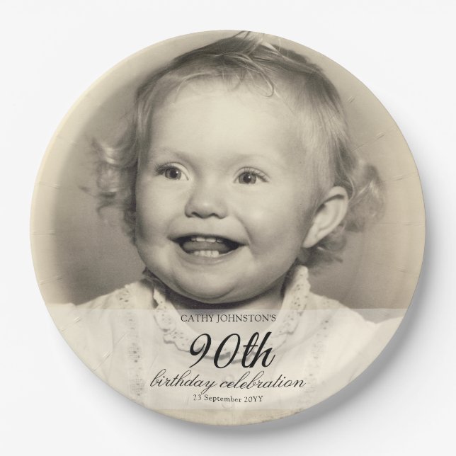 Plato De Papel Minimalist Photo 90th Birthday (Anverso)