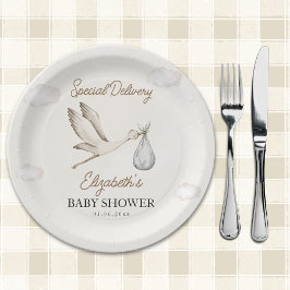 Plato De Papel Minimalist Stork-Themed Baby Shower Neutral