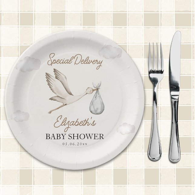 Plato De Papel Minimalist Stork-Themed Baby Shower Neutral (Subido por el creador)