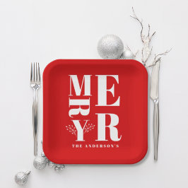 Plato De Papel Minimalista Elegante Brillante Rojo Feliz Navidad