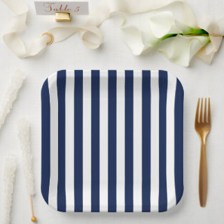 Plato De Papel Minimalista náutico de rayas azules y blancas