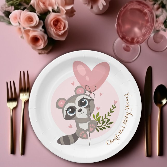 Plato De Papel Minimalista Raccoon Baby Shower (Raccoon Baby Shower Paper Plates)