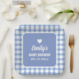 Plato De Papel Minimalista simple Blue Gingham Boy Baby Shower