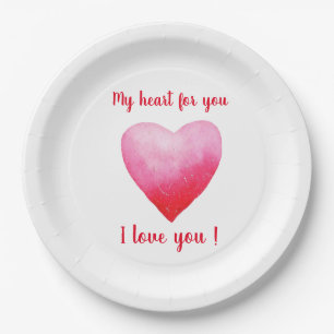 Plato De Papel Minimalista te amo el corazón de las acuarelas roj