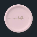 Plato De Papel Mínimo Elegante Guion Monograma Dorado Rosa Rubor<br><div class="desc">Platos de papel rosa palo personalizados con elegante monograma moderno minimalista femenino en dorado. Con el nombre en una hermosa caligrafía de letra manuscrita con florituras (o tipografía) en dorado sobre fondo rosa palo o rosa bebé. Estos son fáciles de personalizar. Geniales para inauguración de hogar, también para cumpleaños, boda,...</div>