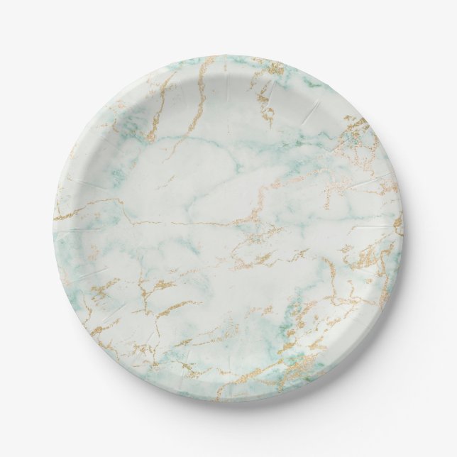 Plato De Papel Mínimo Mint Green Marble Glam Golden Vip (Anverso)