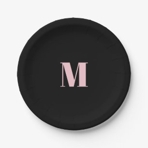 Plato De Papel Mínimo Monograma Letra Inital Rosa Negro