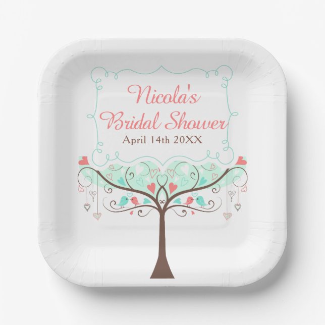 Plato De Papel Mint and Coral Floral Bird Bridal Shower  (Anverso)