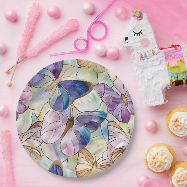 Plato De Papel Mint Aqua Blue Purple Butterflies (Fiesta)