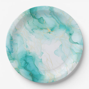 Plato De Papel Mint Aqua Glam Elegant Gold Marble