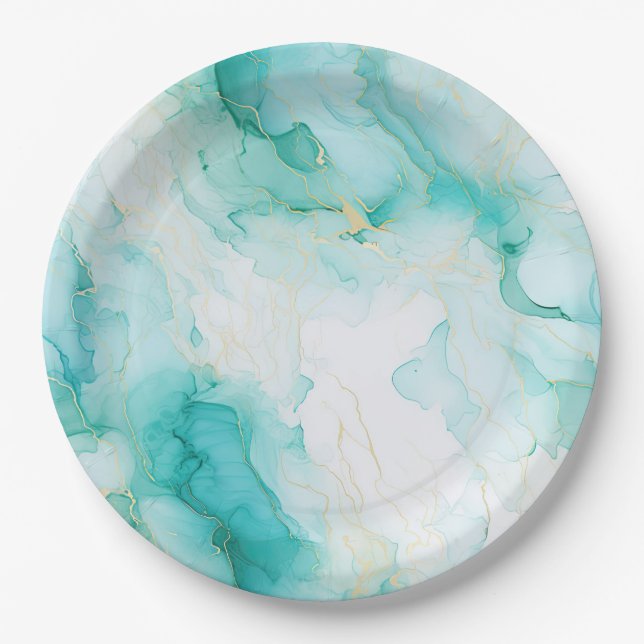 Plato De Papel Mint Aqua Glam Elegant Gold Marble (Anverso)