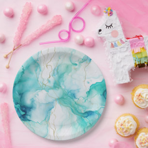 Plato De Papel Mint Aqua Gold Ink Marble