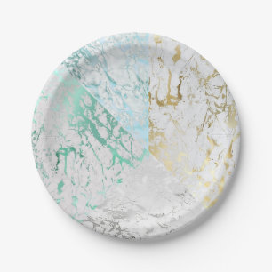 Plato De Papel Mint azul blanco Oro verde Plata Gris Marble VIP