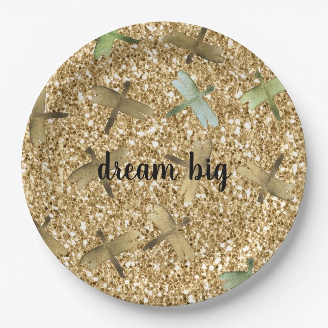 Plato De Papel Mint Dragonflies Gold Glam Purpurina Dream (Anverso)