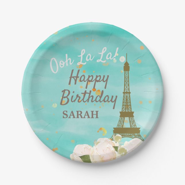 Plato De Papel Mint Gold Paris Eiffel Tower Sweet 16 Cumpleaños (Anverso)