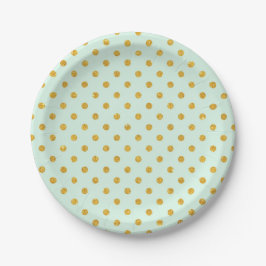 Plato De Papel Mint, gold polka dot, trendy, girly, patrón, lindo