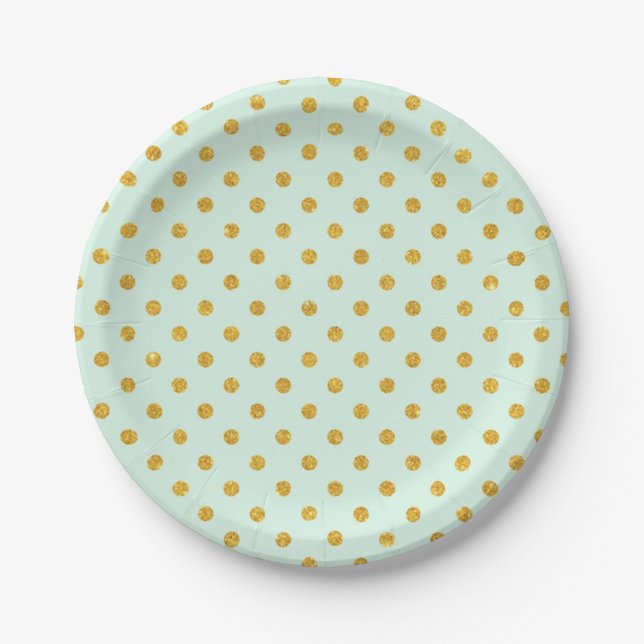 Plato De Papel Mint, gold polka dot, trendy, girly, patrón, lindo (Anverso)