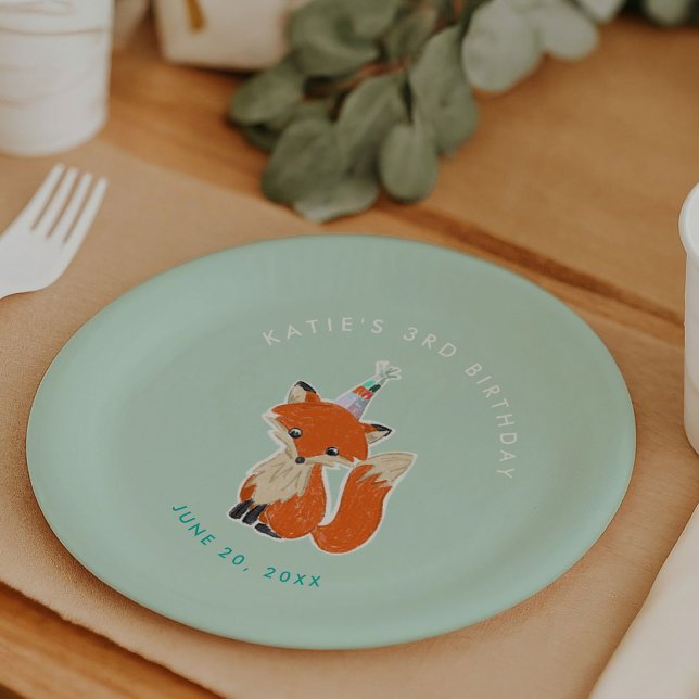 Plato De Papel Mint Green Cute Fox Fiesta Gorra Woodland Cumpleañ (Fox in a Party Hat birthday party personalized paper plates)