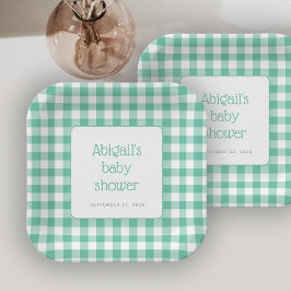 Plato De Papel Mint Green Gingham Check Rustic Baby Shower