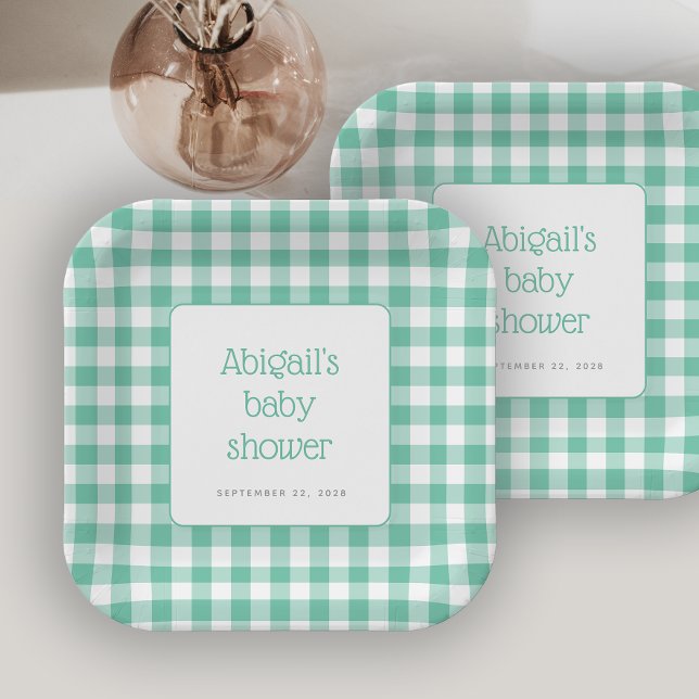 Plato De Papel Mint Green Gingham Check Rustic Baby Shower (Subido por el creador)