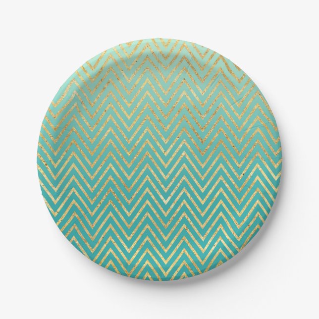 Plato De Papel Mint Green Gold Glam Chevron Ombre (Anverso)