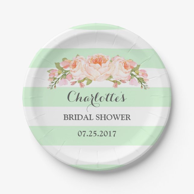 Plato De Papel Mint Green Stripes Floral Bridal Shower Placa (Anverso)