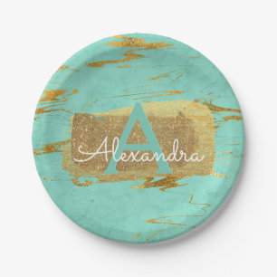 Plato De Papel Mint Green y Relieve metalizado dorado Elegante Ma