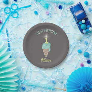 Plato De Papel Mint Ice Cream Sparkler Boy Primer Fiesta de cumpl