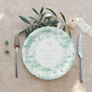 Plato De Papel Mint Safari Toile de Jouy   Baby Shower