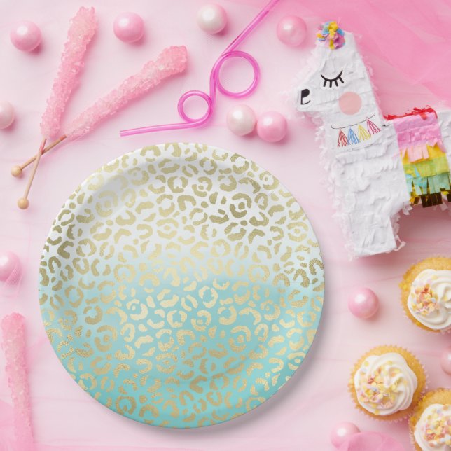 Plato De Papel Mint Watercolor Ombre Glam Gold Leopardo (Fiesta)