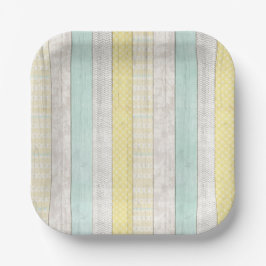 Plato De Papel Minta y Amarillo Patrón Geométrico Boho Madera Rús
