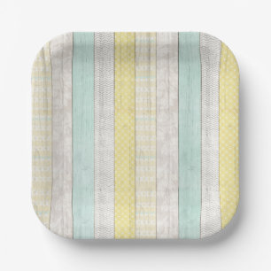 Plato De Papel Minta y Amarillo Patrón Geométrico Boho Madera Rús