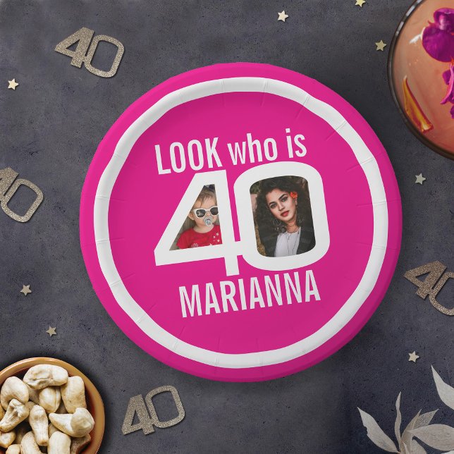 Plato De Papel Mira quién cumple 40 años, fiesta rosa blanco. (Subido por el creador)