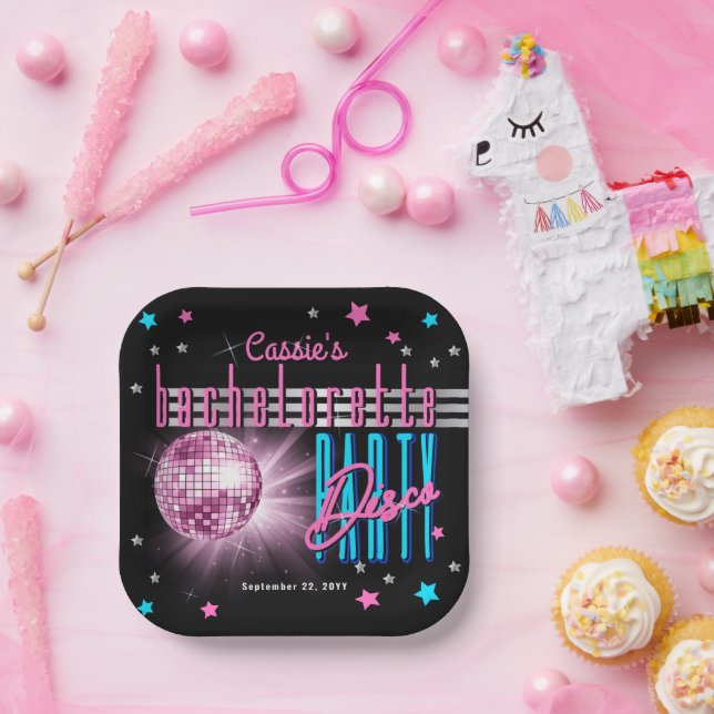 Plato De Papel Mirada Retro Neon de los 70's Bola de Discoteca De (Fiesta)