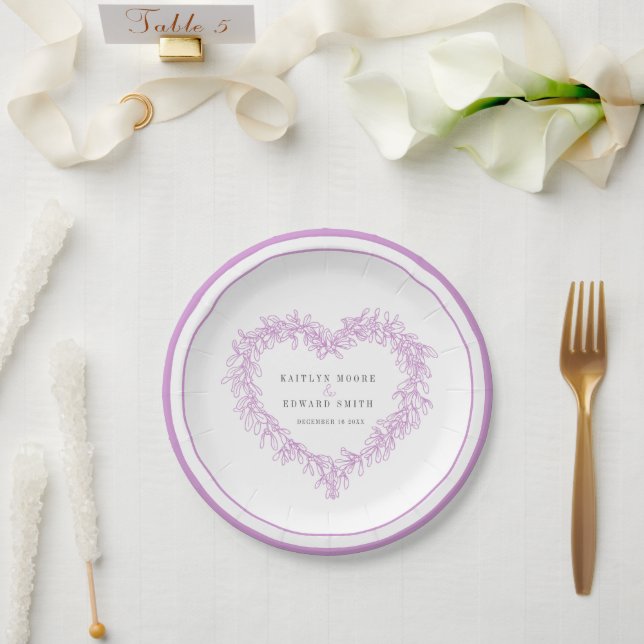 Plato De Papel Mistletoart morado gris blanco boda de invierno (Boda)