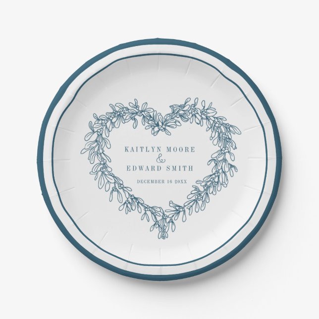 Plato De Papel Mistletoline art azul boda de invierno blanco (Anverso)