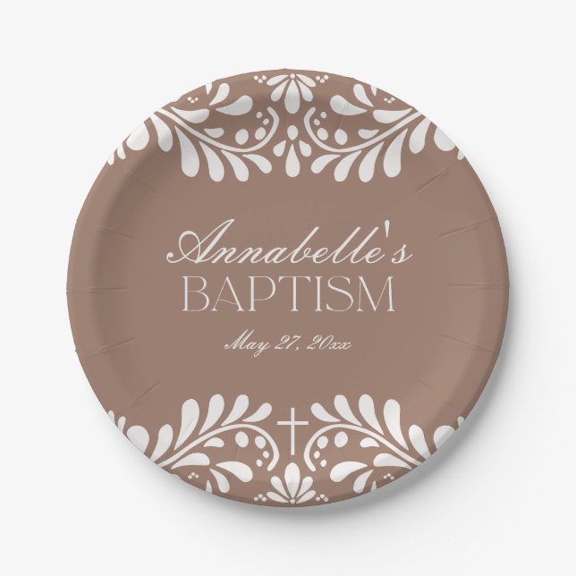 Plato De Papel Mocha Brown Talavera Tile Español Fiesta Baptismo (Anverso)