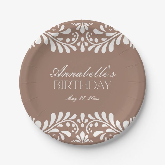 Plato De Papel Mocha Brown Talavera Tile Fiesta Cumpleaños (Anverso)