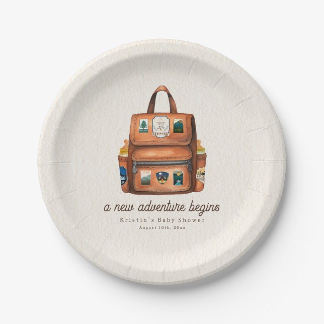 Plato De Papel Mochila de aventura + Botellas Woodland Baby Showe (Anverso)