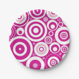 Plato De Papel Mod Círculos Retro Concéntricos Rosa y Blanco