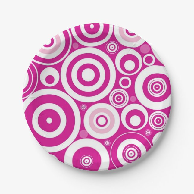 Plato De Papel Mod Círculos Retro Concéntricos Rosa y Blanco (Anverso)