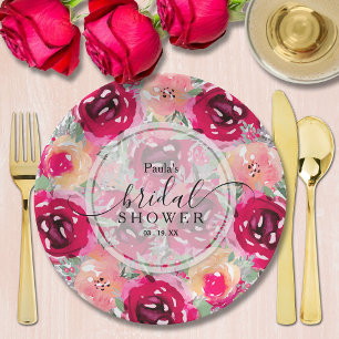 Plato De Papel Moda acuarela Pink Floral Bridal Shower