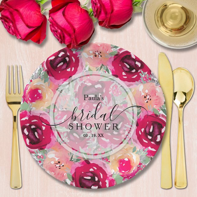 Plato De Papel Moda acuarela Pink Floral Bridal Shower (Chic pink and cream watercolor floral bridal shower personalized paper plates)