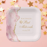Plato De Papel Moda Agate de Oro Rosado Bat Mitzvah Fiesta Person<br><div class="desc">La agata rosa y dorada de moda decora el lado de este hermoso plato fiesta de Bat Mitzvah, de una niña. El nombre de su hija está escrito en un hermoso guión formal bajo la Estrella de David. Decoración femenina perfecta para una moda, elegante familia judía celebrando la llamada de...</div>