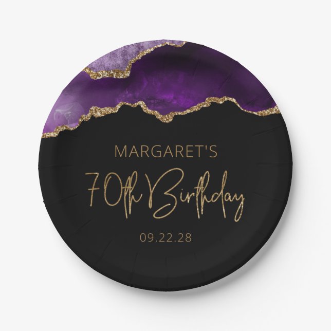 Plato De Papel Moda Agate Geode Purple Gold 70 cumpleaños (Anverso)