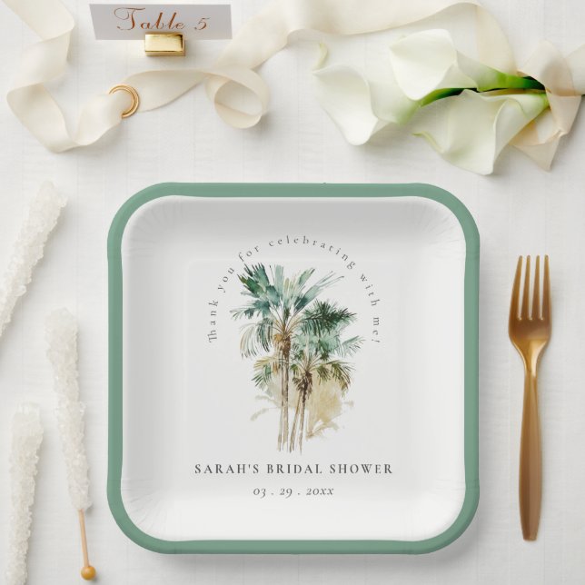 Plato De Papel Moda Agua tropical Palm Trees Ducha Bridal (Boda)