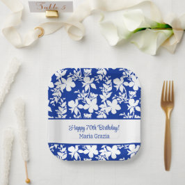 Plato De Papel Moda Azul Floral Blanco 70 cumpleaños