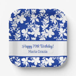 Plato De Papel Moda Azul Floral Blanco 70 cumpleaños